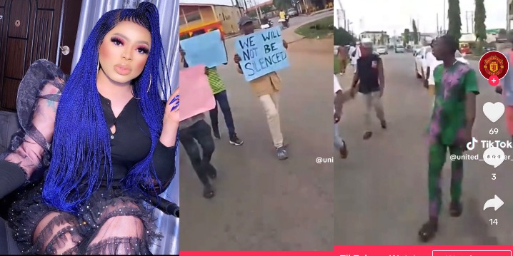 Reactions As Benin Youths Protest Against Bobrisky On Sighting Him In Their Community