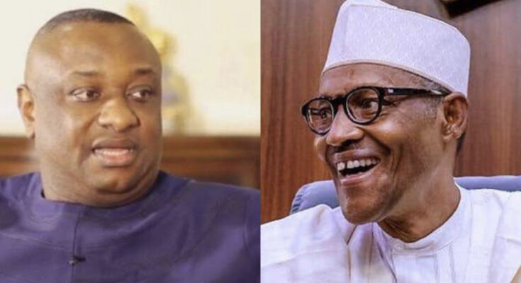 A composite of Festus Keyamo and Buhari laughing used to illustrate story.