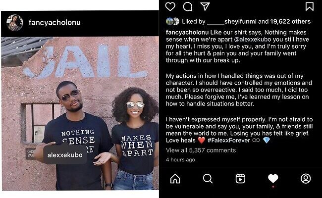 ‘Forgive me for calling off our wedding, I still love you,’ Model, Fancy Acholonu tenders public apology to Alex Ekubo