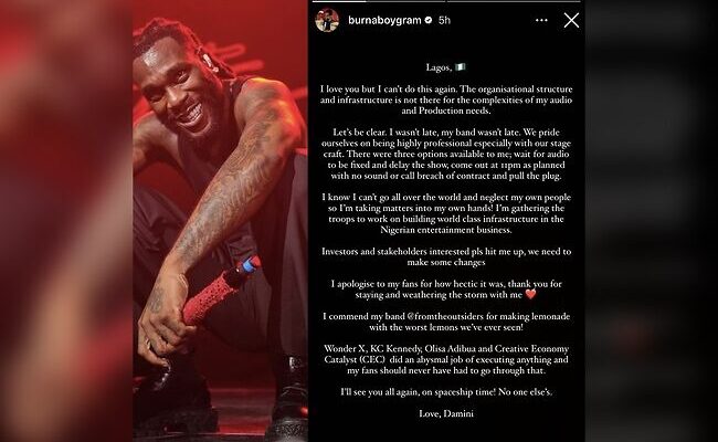 Burna Boy succumbs to pressure, apologises for show delay