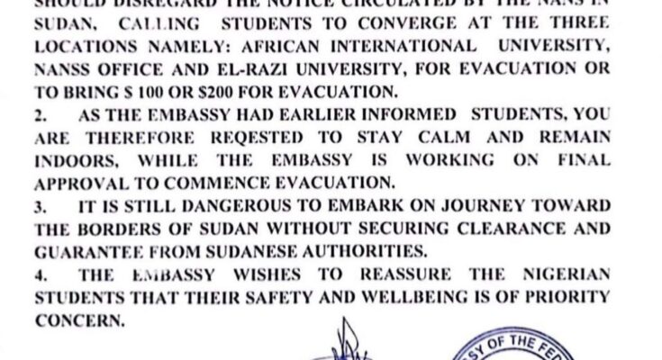 Nigerians In Sudan Should Remain Indoors, Disregard Evacuation Notice By NANS - Embassy