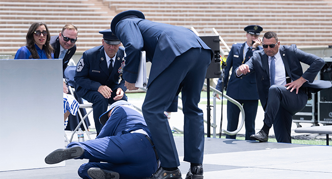 US President, Biden Tumbles On Air Force Stage