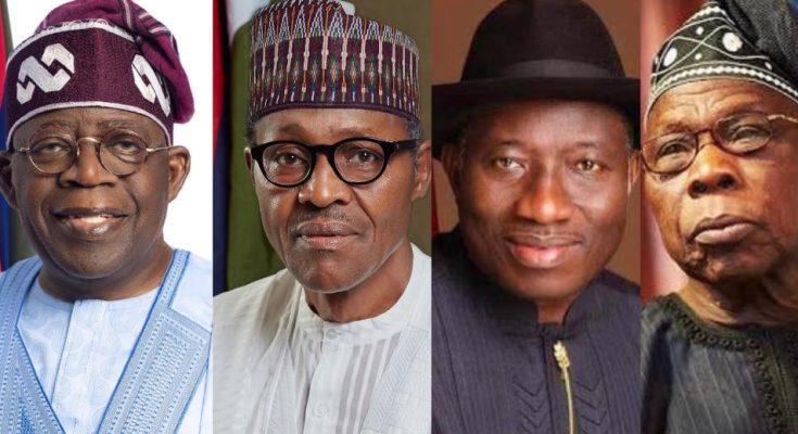 President Bola Tinubu, Muhammadu Buhari,Goodluck Jonathan and Olusegun Obasanjo