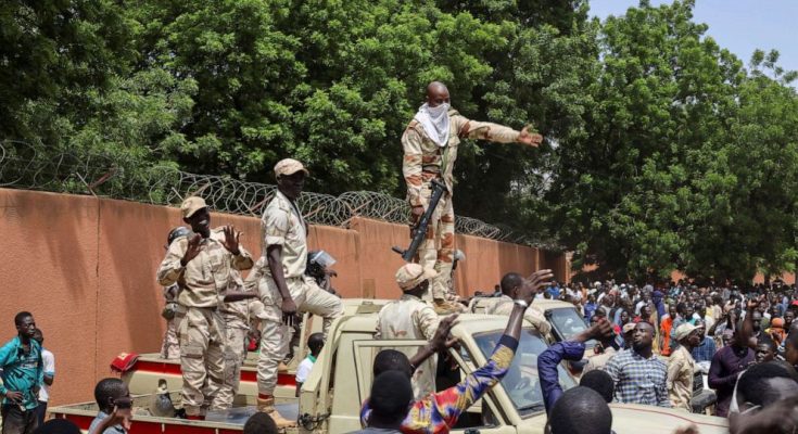 PHOTO: Nigerien security forces prepare to disperse pro-junta demonstrators gathered outside the French embassy, in Niamey, the capital city of Niger July 30, 2023.