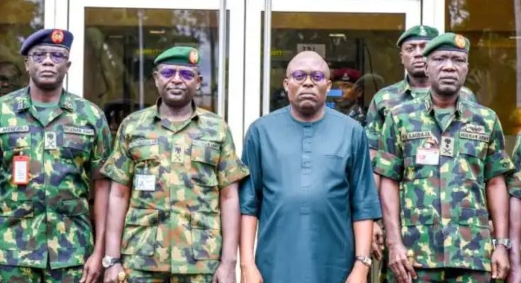 (L-R) Lt. Gen. Taoreed Lagbaja, COAS, Gov. Siminalayi Fubara, Maj. Gen. Jamal Abdulsalam, & Brig. Gen Edet Effiong, during a visit to Government House, Port Harcourt on Friday