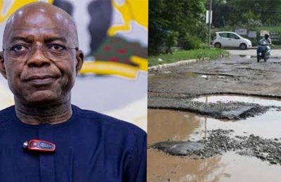 A composite of Alex Otti and bad road used to illustrate the story