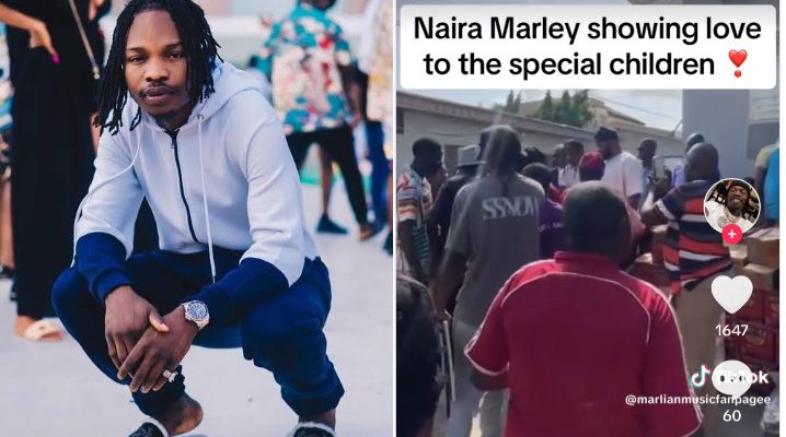 Reactions As Naira Marley Presents Bags Of Rice, Noodles, Drinks To Special Kids After Bail (Video)