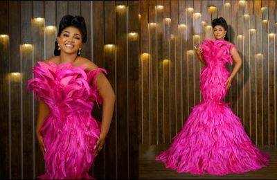 Mercy Aigbe Dazzles In Pink Feathered Dress As She Turns 46 (Photos)