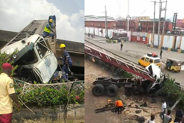 Two Hospitalised As Truck Falls Off Lagos Bridge (Pictures)