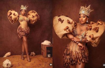 Toyin Lawani Causes Controversy Online As She Creates Outfit With Fried Chicken