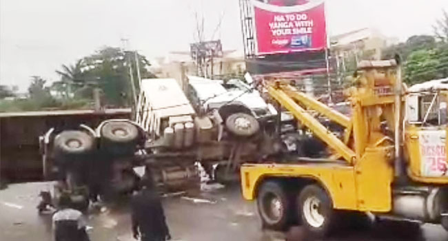 Driver Injured As Gas Truck Overturns In Lagos