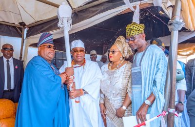 Adeleke presents staff of office to new Owa Obokun of Ijesa-land, Oba Adesuyi Haastrup