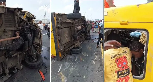 The out-of-control vehicle collided with a tricycle (Marwa AGL 442 QC) and a stationary Toyota Camry at the Ayeyoro traffic light before veering into the Ayetoro Market Complex in Epe.